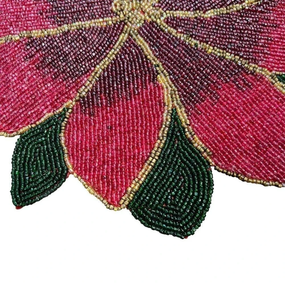 Vintage Beaded Poinsettia Holiday Placemats Set‎ Of 4 Red/Green/Gold Chargers